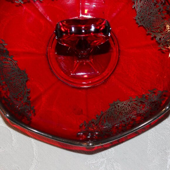 Gorgeous Ruby Silver Overlay Candy Dish | Heart-Shaped Handle | Octagonal - Picture 2 of 6